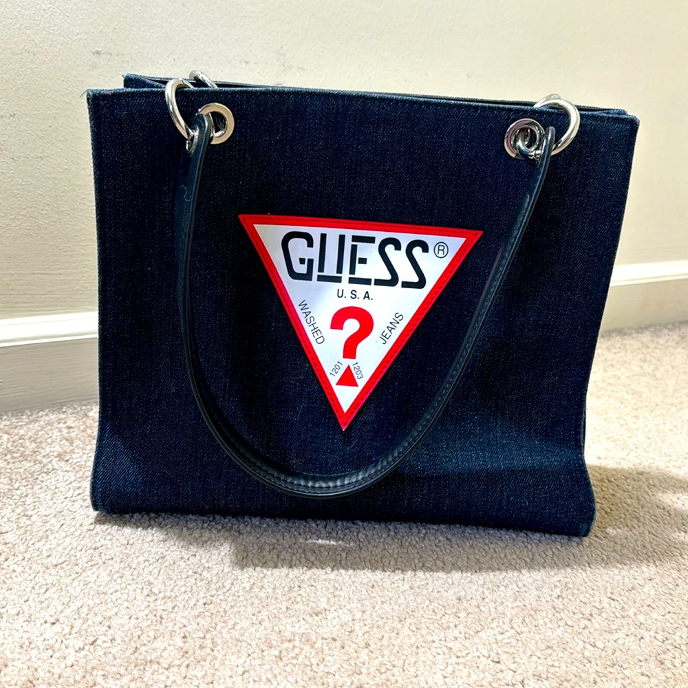 GUESS Dark Blue Denim Shoulder Bag with Red Logo Triangle